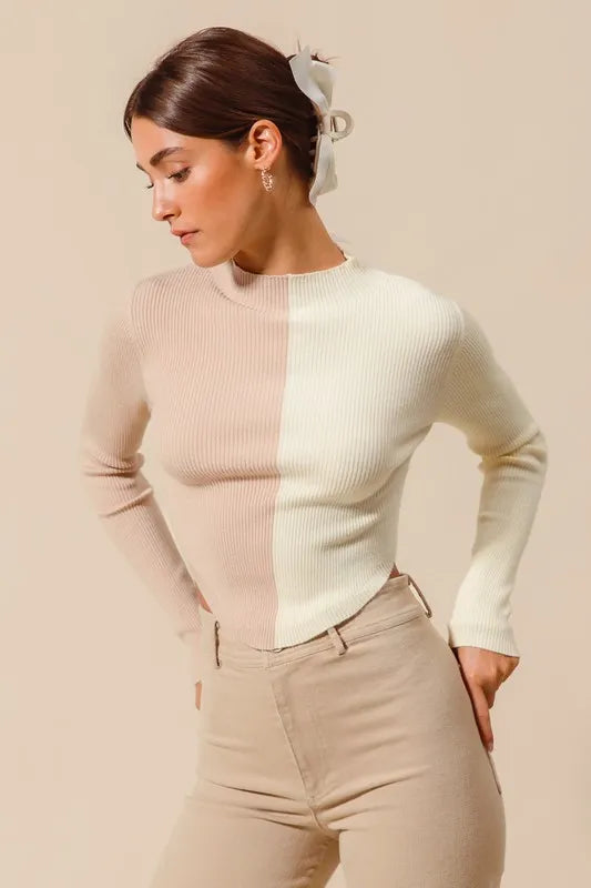 Fitted Color Block Crop Sweater -