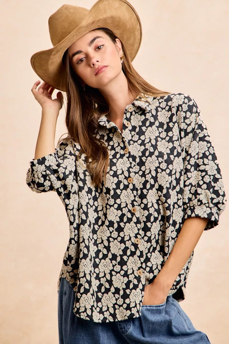 Floral Jacquard Short Dolman Sleeve Shirt -