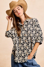 Floral Jacquard Short Dolman Sleeve Shirt -