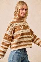Striped Open Knit Braided Detail Sweater -