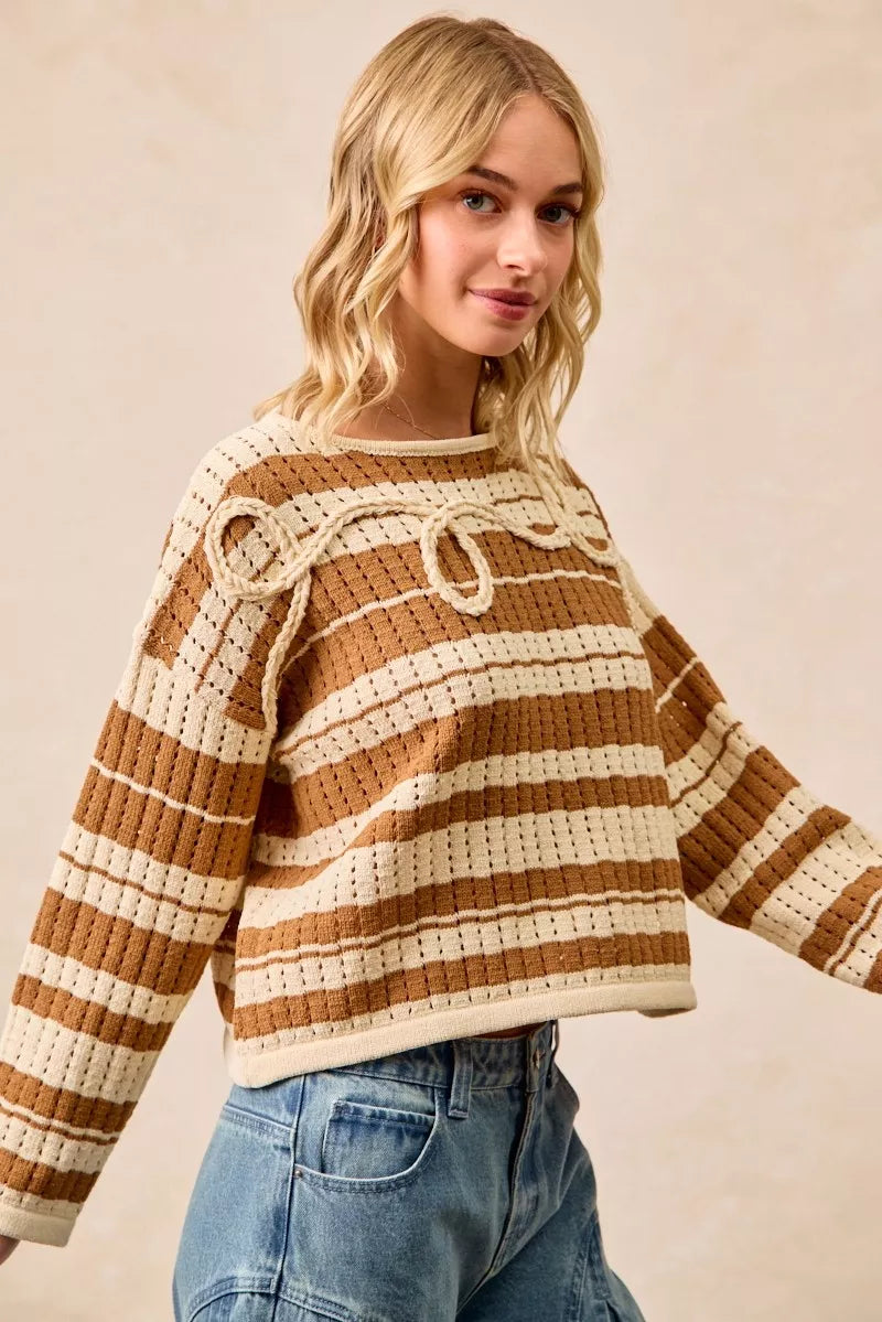 Striped Open Knit Braided Detail Sweater -
