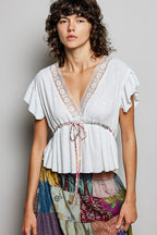 Lace Trim Tie Front Blouse -