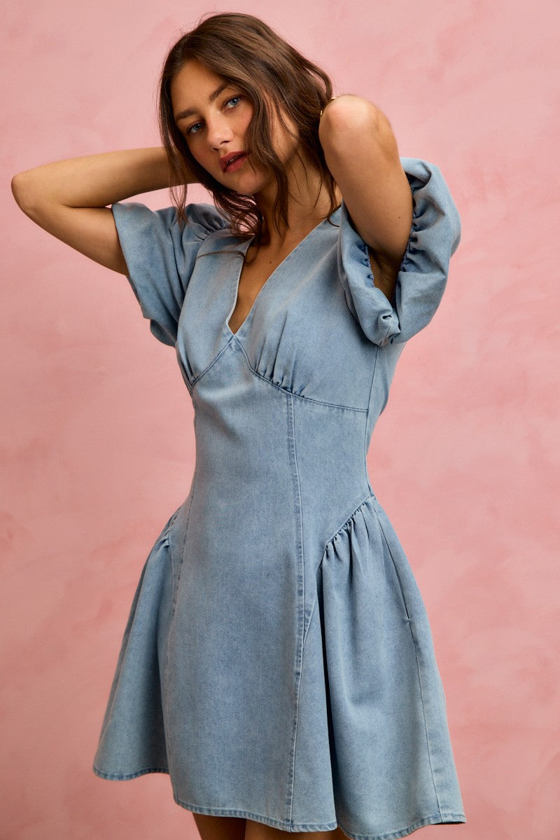 Denim Puff Sleeve Mini Dress -