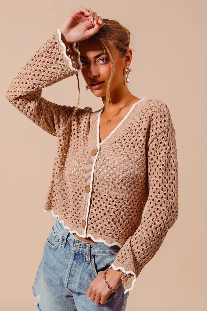 Scallop Trim Open Knit Cardigan -