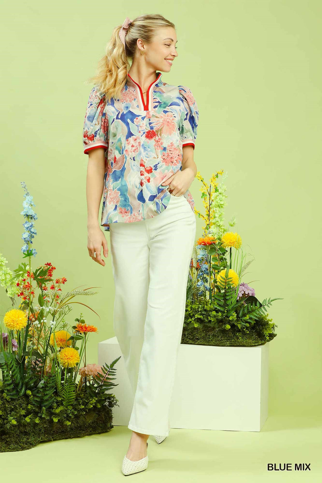 Bloomscape Jacquard Split Neck Blouse -