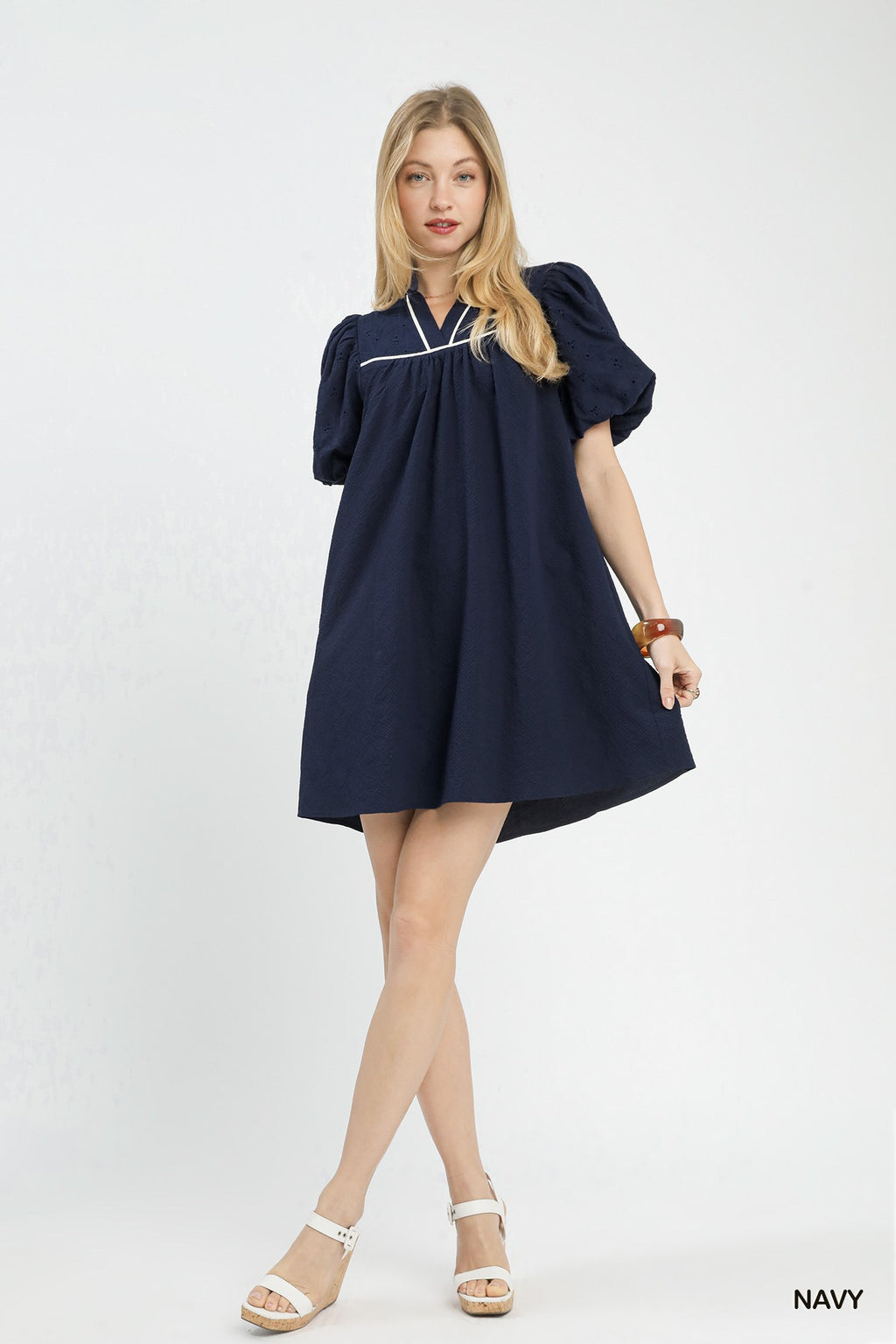 Textured Puff Sleeve Mini Dress - NAVY