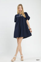 Textured Puff Sleeve Mini Dress - NAVY