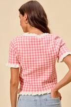 Gingham Ruffle Knit Sweater Top -