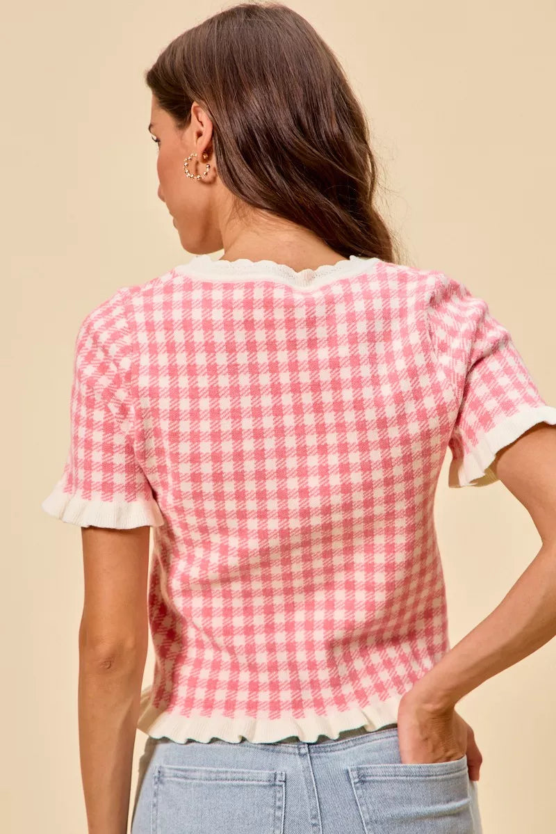 Gingham Ruffle Knit Sweater Top -