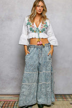 Floral Embroidered Cropped Tie Blouse -