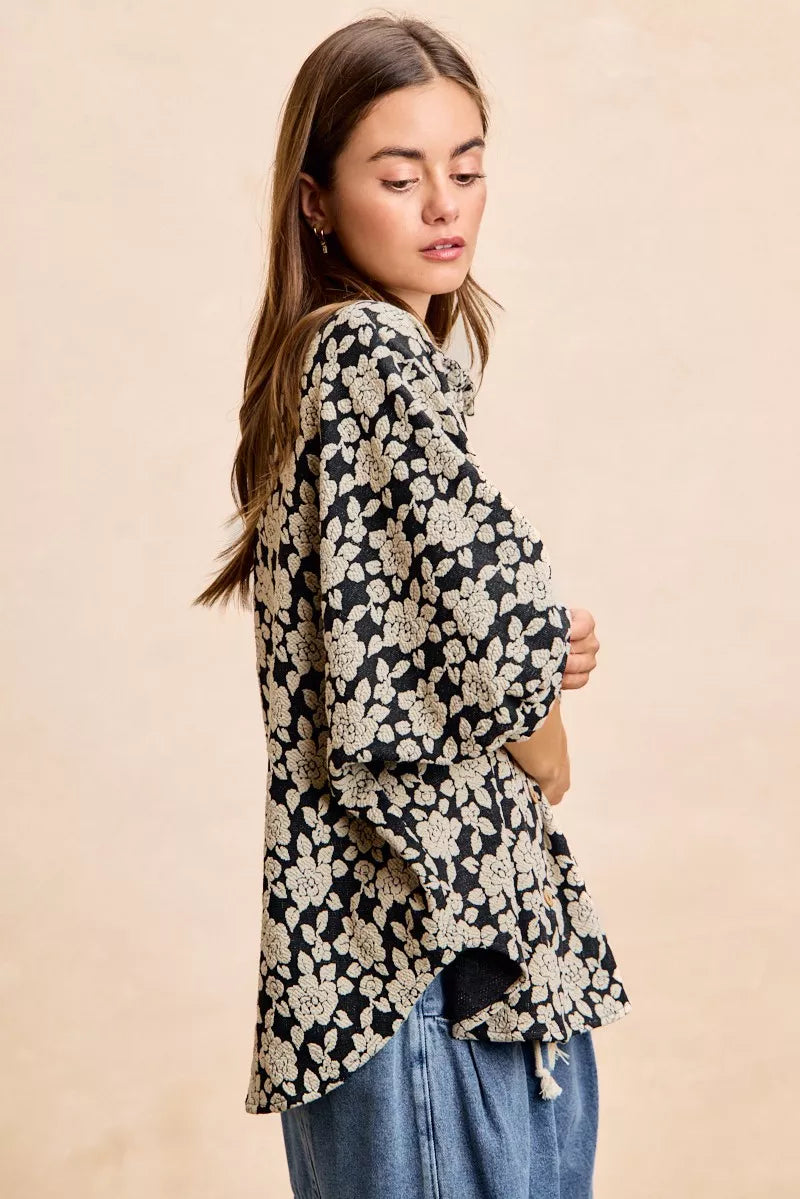 Floral Jacquard Short Dolman Sleeve Shirt -