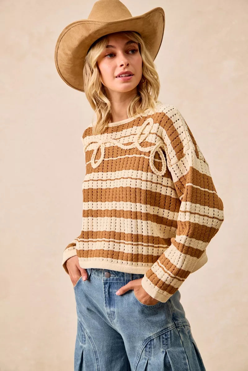 Striped Open Knit Braided Detail Sweater -