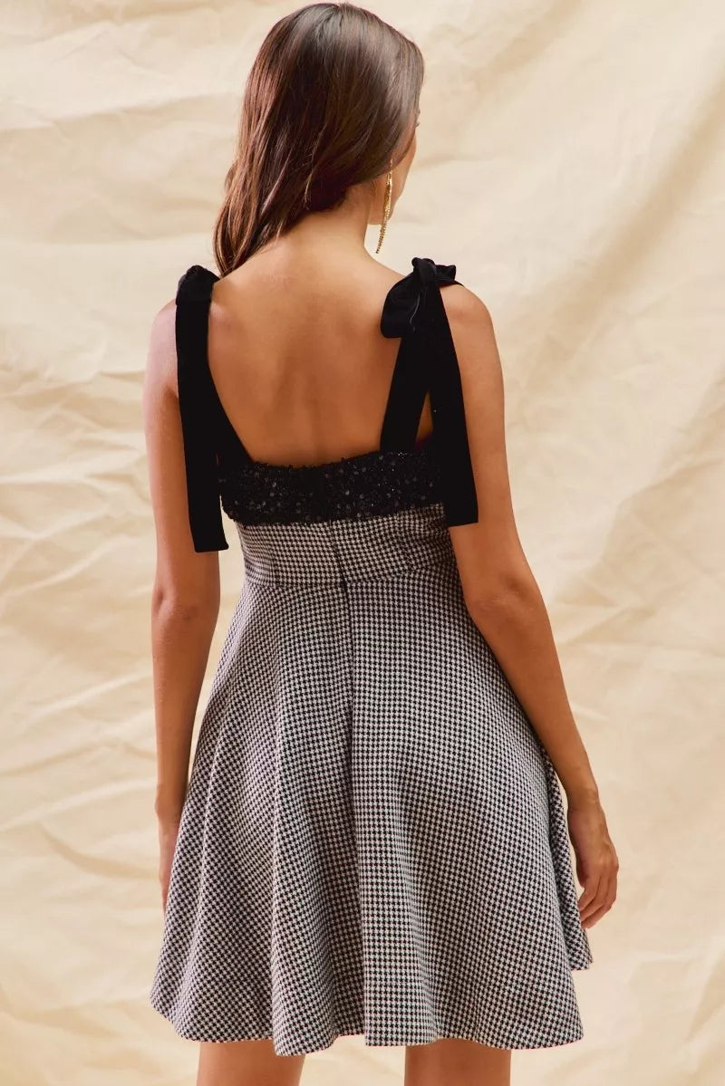 Houndstooth Fit Flare Shoulder Tie Dress -