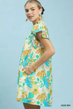 Botanical Ruffle Sleeve Mini Dress -