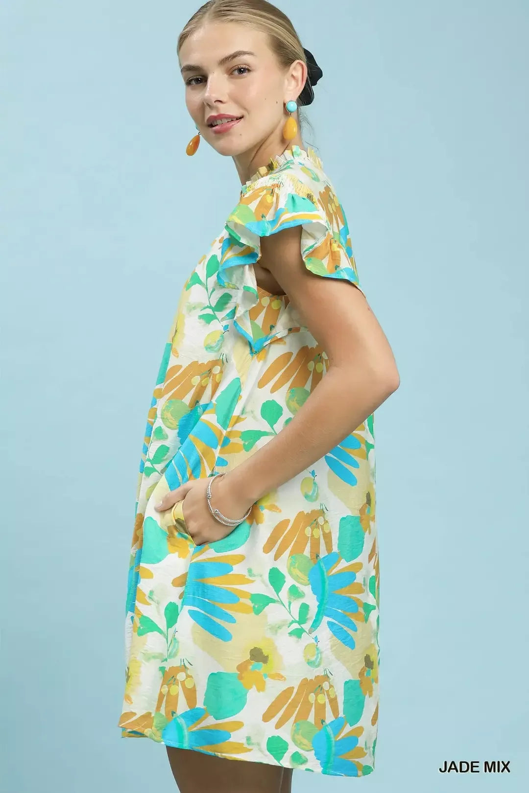Botanical Ruffle Sleeve Mini Dress -