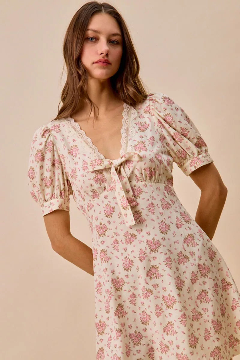 Cream Floral Lace Trim Mini Dress -