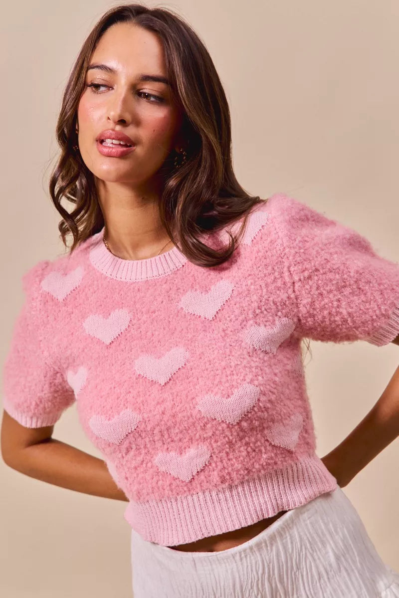 Allover Heart Print Cropped Sweater -