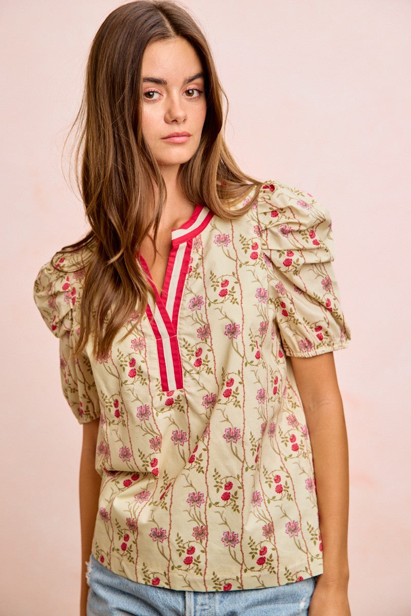 Floral Contrast Neck Puff Blouse -
