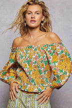Floral Smocked Off Shoulder Blouse - HONEY MULTI