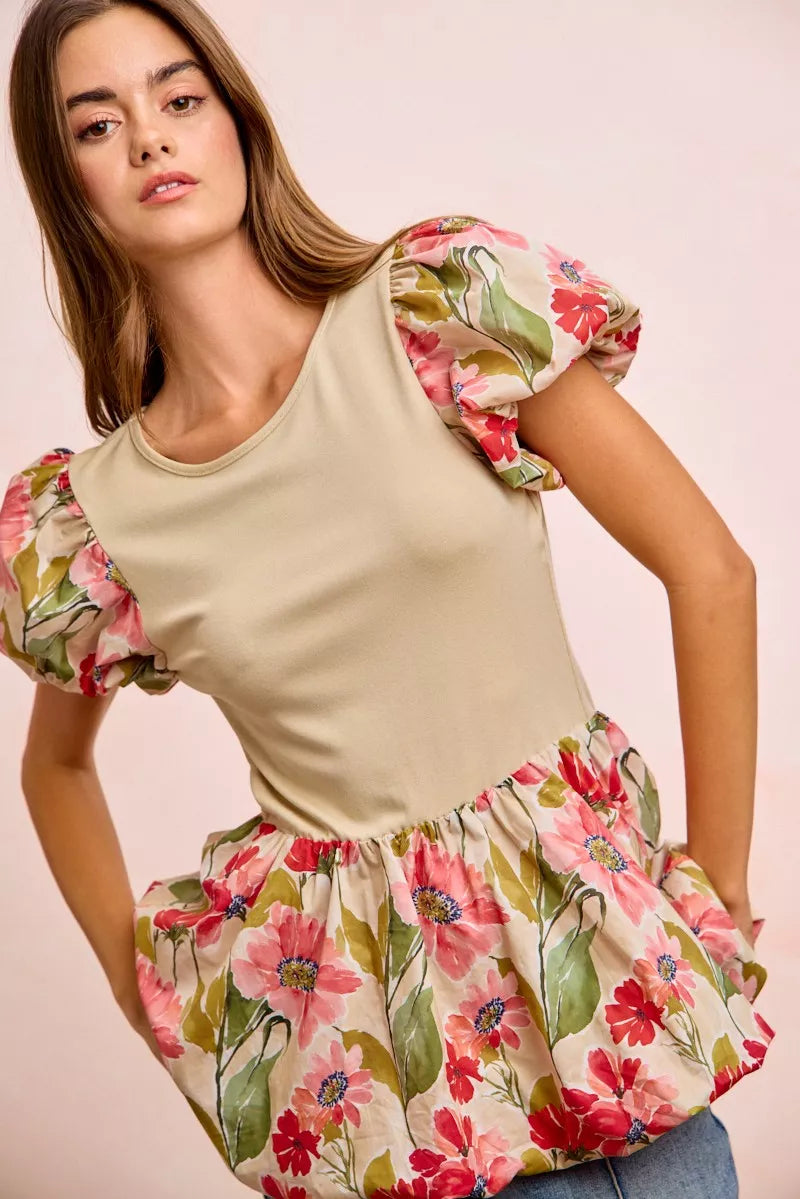 Floral Print Bubble Sleeve Peplum Top -