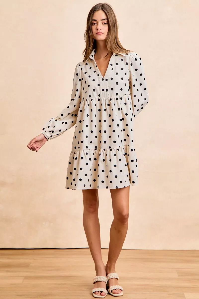 Polka Dot Corduroy Mini Dress - IVORY BLACK