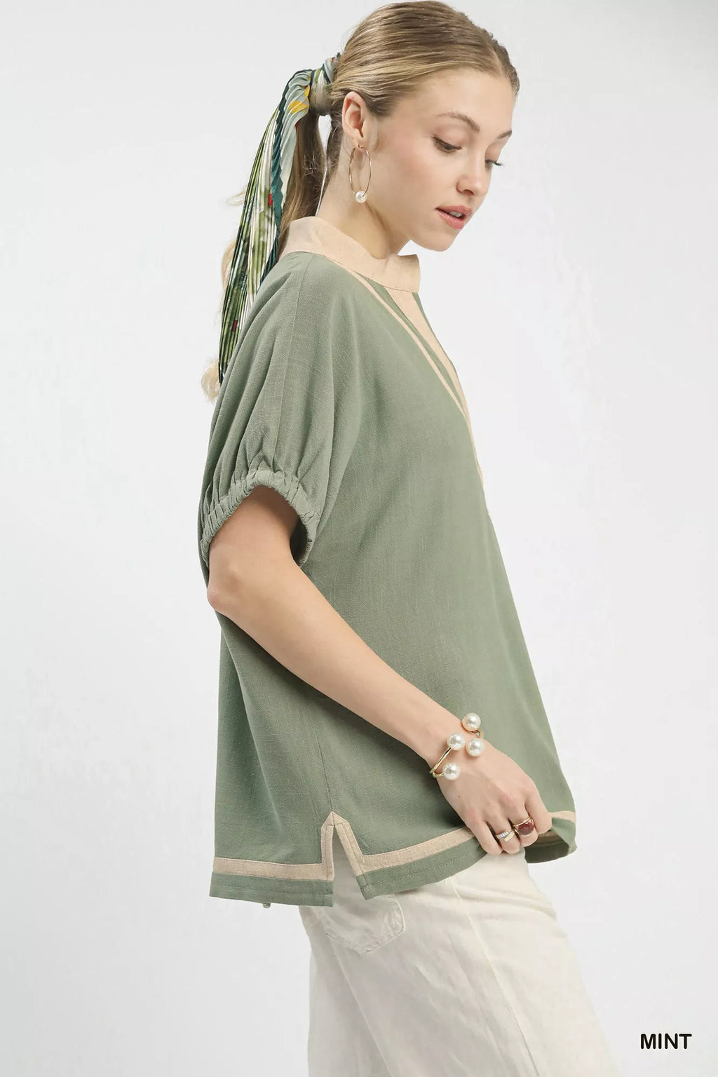 Mint Linen Contrast Trim V Neck Blouse -