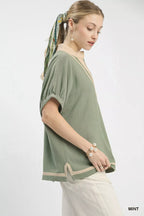 Mint Linen Contrast Trim V Neck Blouse -