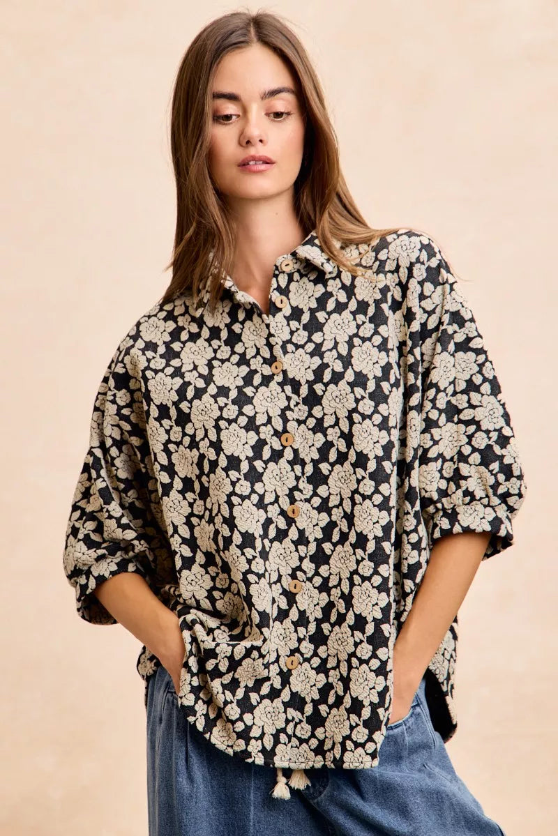 Floral Jacquard Short Dolman Sleeve Shirt -