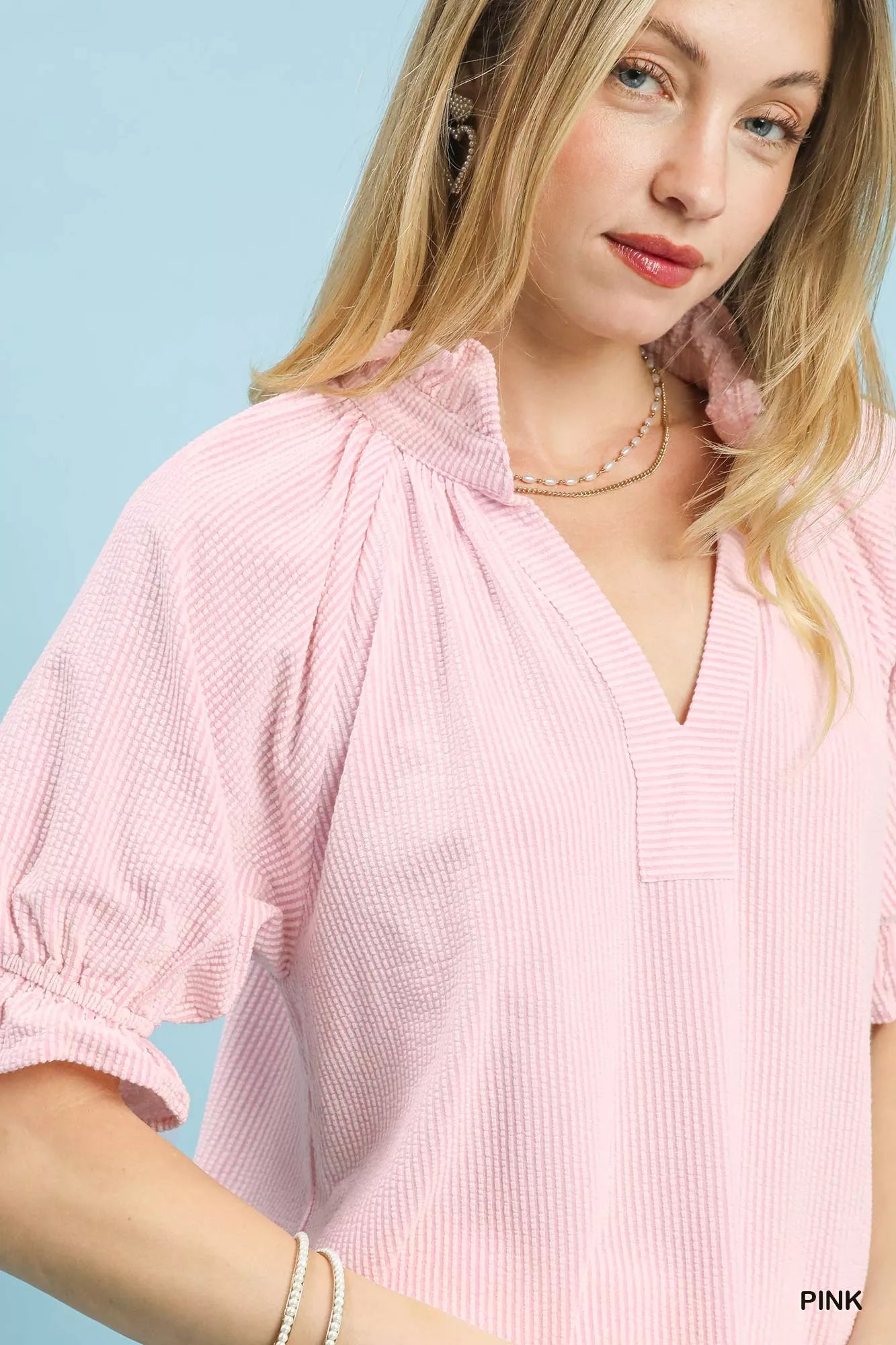 Textured Ruffle Sleeve V Neck Blouse -