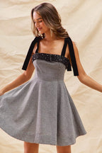 Houndstooth Fit Flare Shoulder Tie Dress -