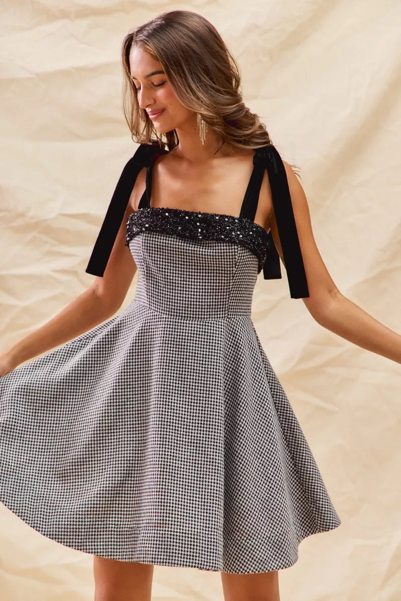 Houndstooth Fit Flare Shoulder Tie Dress -
