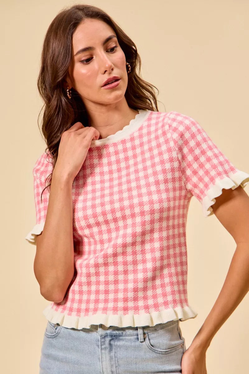 Gingham Ruffle Knit Sweater Top -