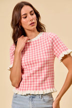 Gingham Ruffle Knit Sweater Top -