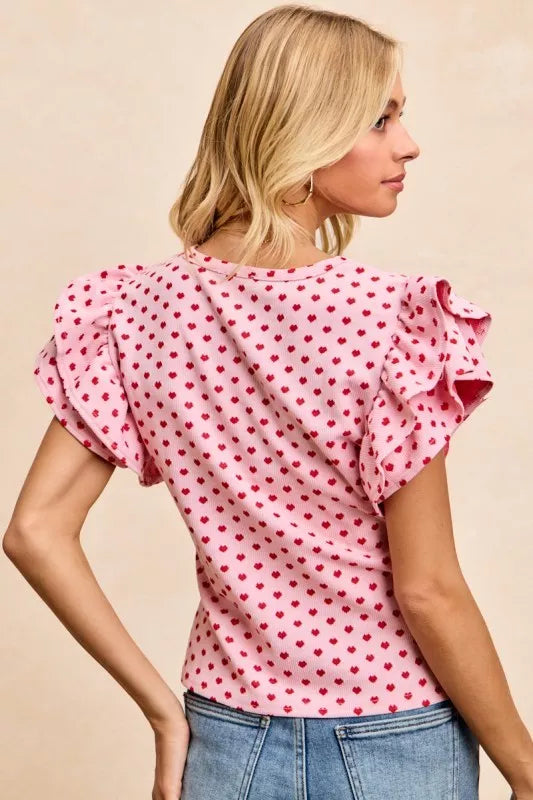 Heart Pattern Knit Ruffled Sleeve Shirt -