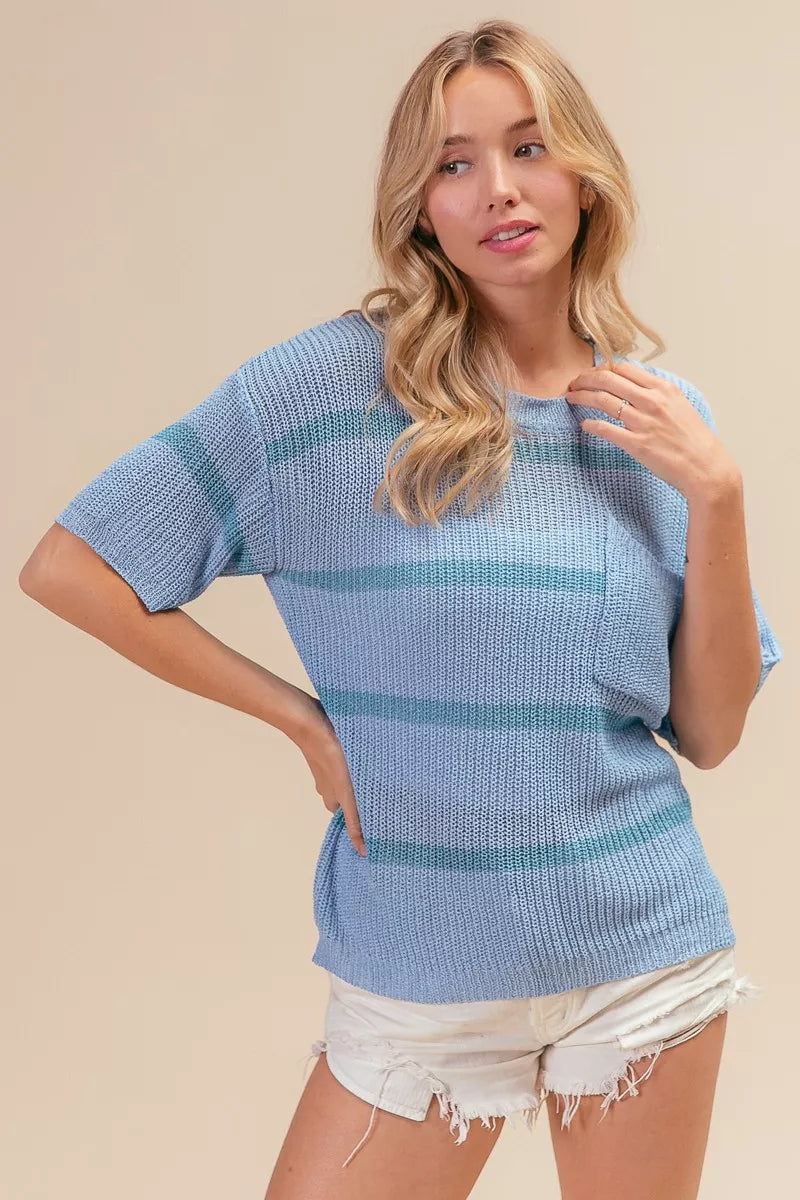 Patch Pocket Striped Lightweight Sweater -