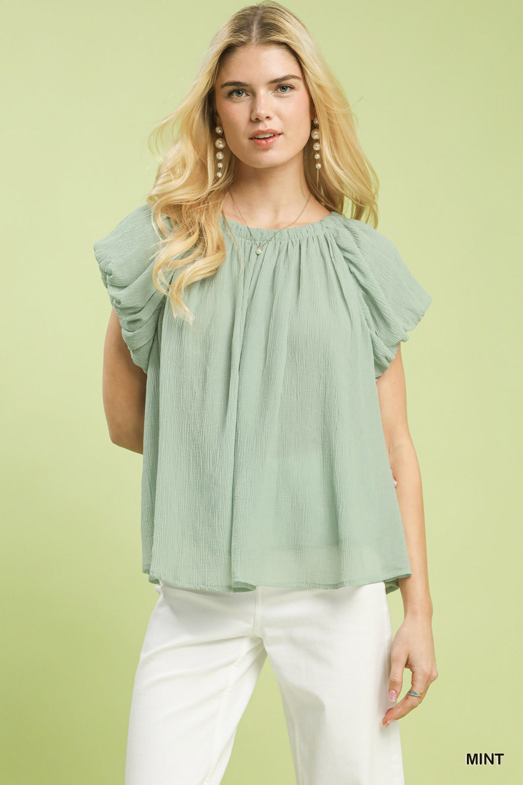 Mint Crinkle Flutter Sleeve Blouse - MINT