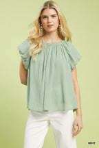 Mint Crinkle Flutter Sleeve Blouse - MINT