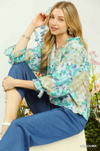 Watercolor Floral Flounce Sleeve Blouse -