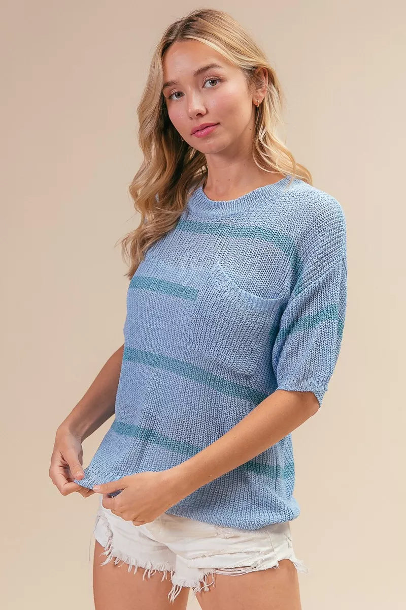 Patch Pocket Striped Lightweight Sweater -