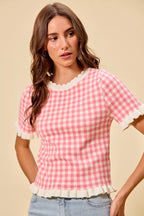 Gingham Ruffle Knit Sweater Top -