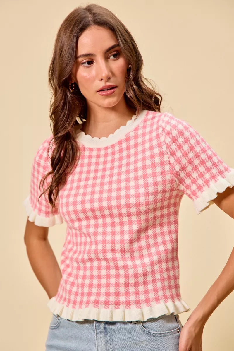 Gingham Ruffle Knit Sweater Top -