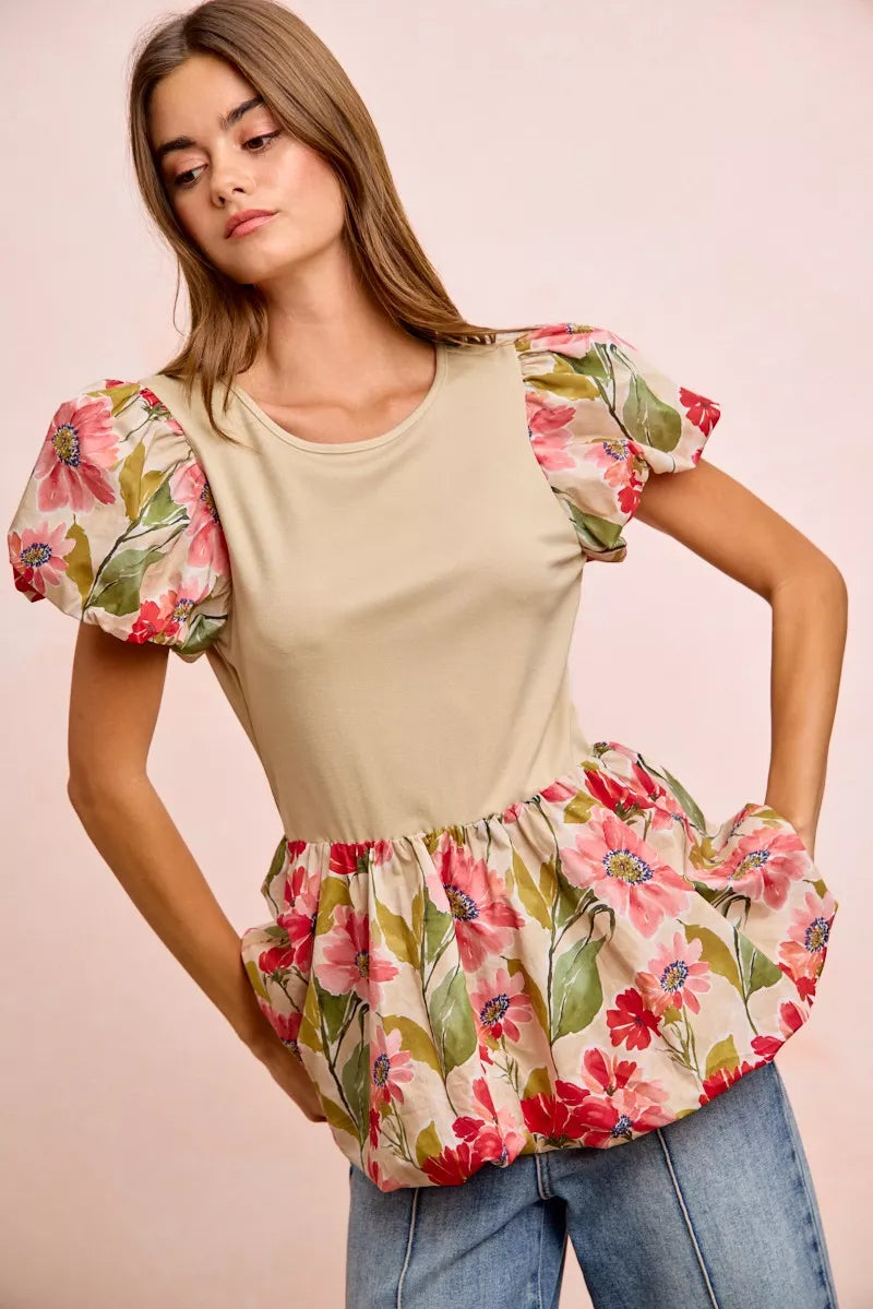 Floral Print Bubble Sleeve Peplum Top -