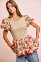 Floral Print Bubble Sleeve Peplum Top -
