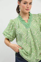 Printed Ruffle Neck Puff Sleeve Top -