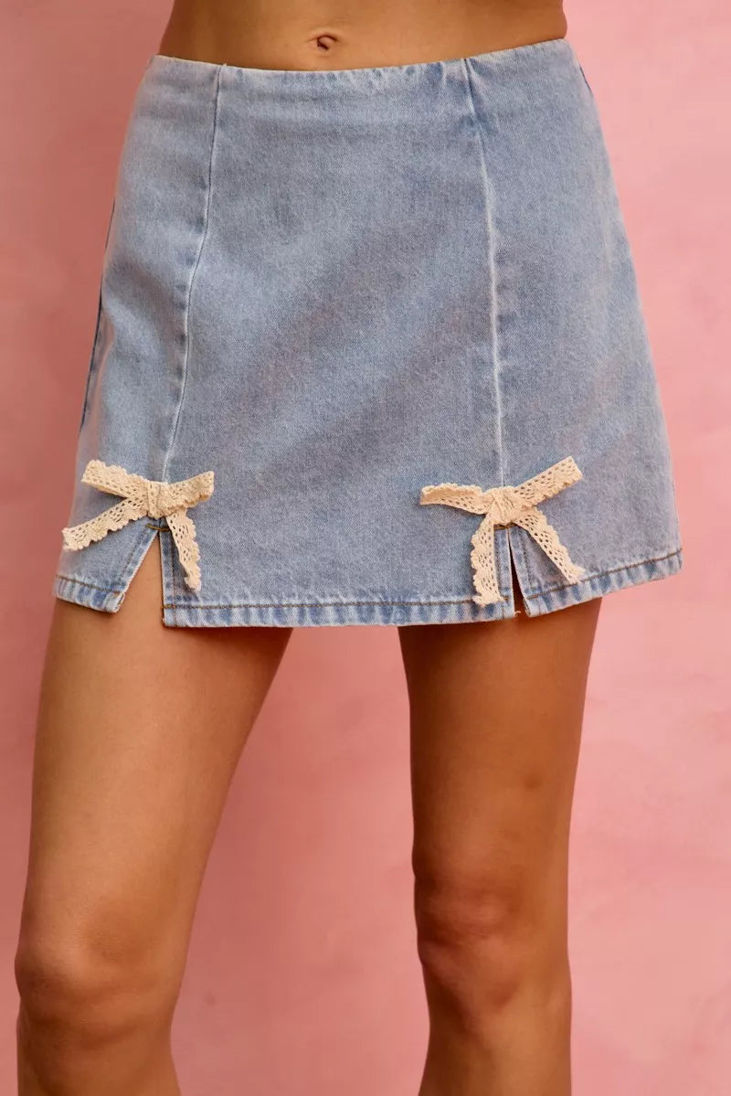 Lace Ribbon Trim Denim Mini Skirt -