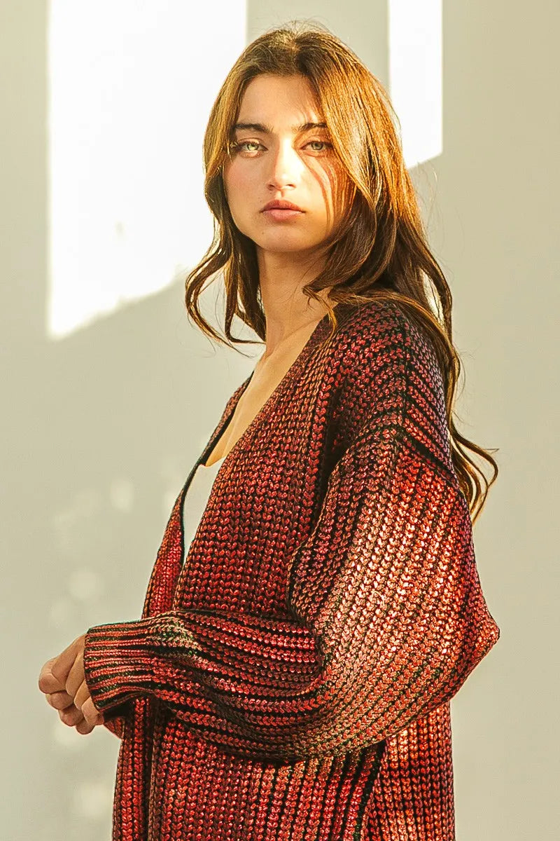 Metallic Knit Open Front Cardigan -
