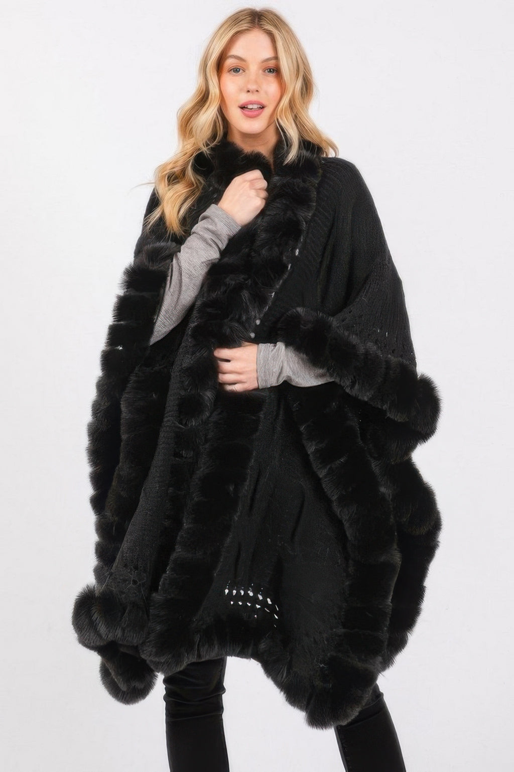 Faux Fur Collar Knit Cape - Black One Size Fits All