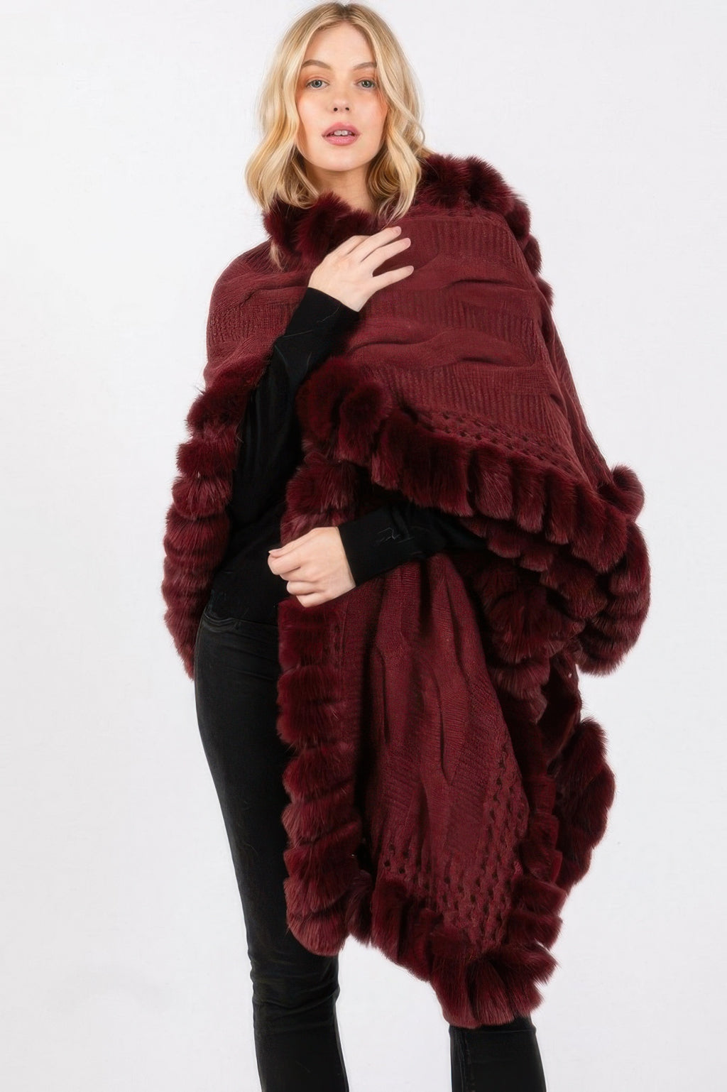 Faux Fur Collar Knit Cape - Burgundy One Size Fits All