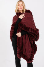 Faux Fur Collar Knit Cape - Burgundy One Size Fits All