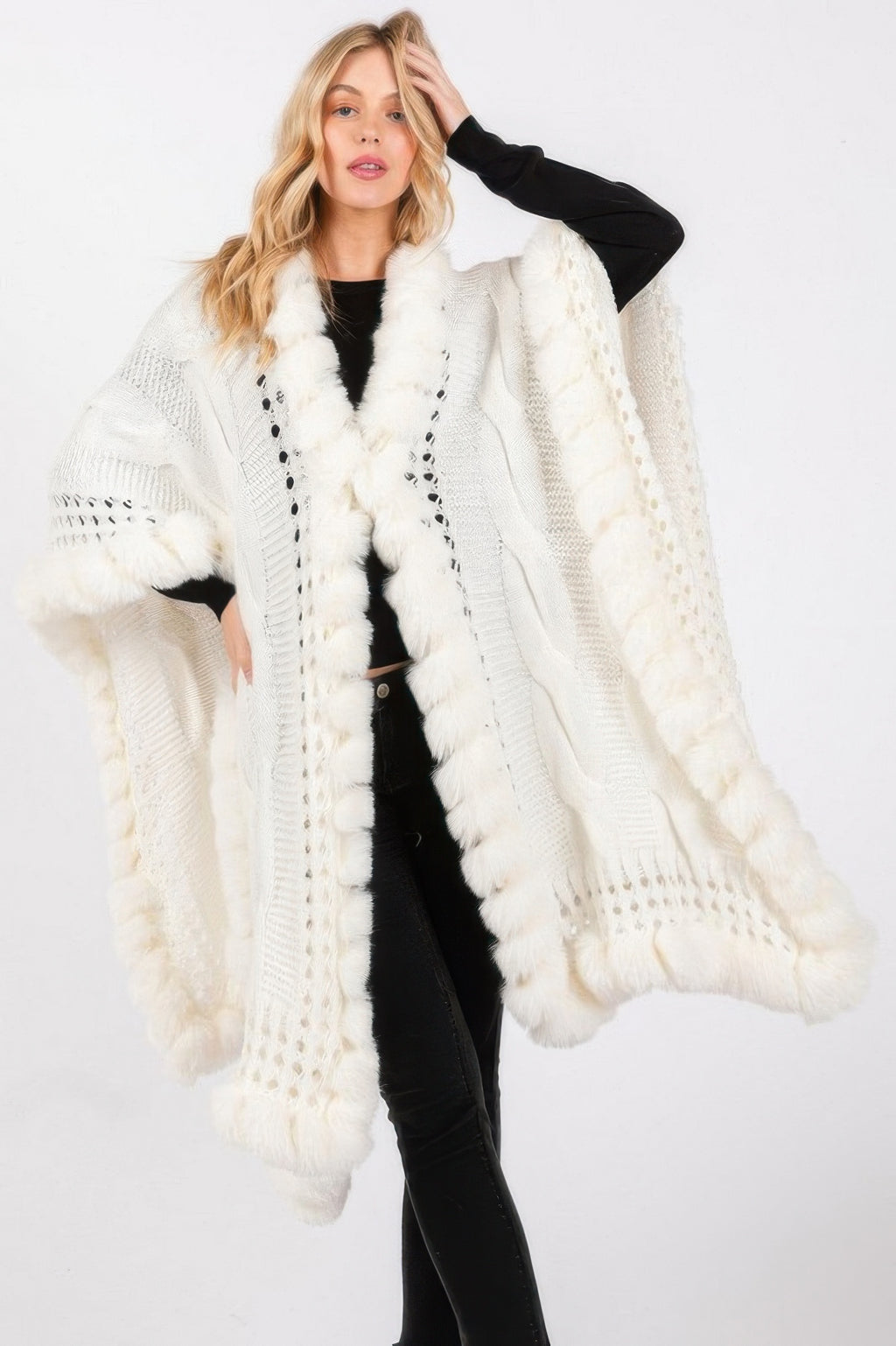 Faux Fur Collar Knit Cape - Ivory One Size Fits All